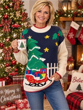 Vintage Ugly Christmas Sweater Interim Sleigh Tree Fence Stars Women's Size M